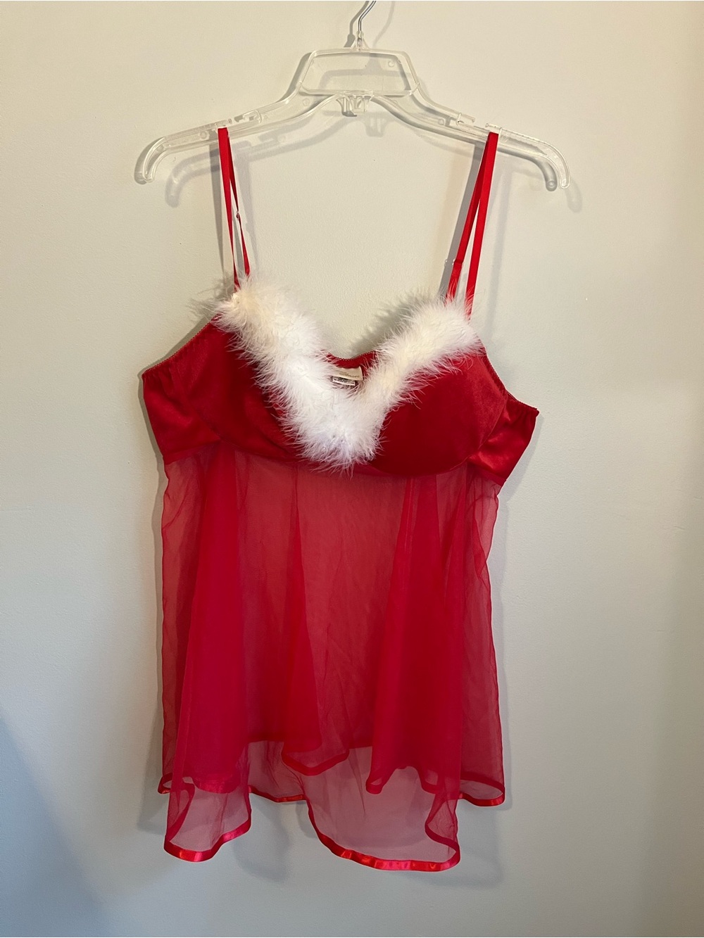 BOUTIQUE Red & White Fur Trim Santa Sheer Lingerie Top